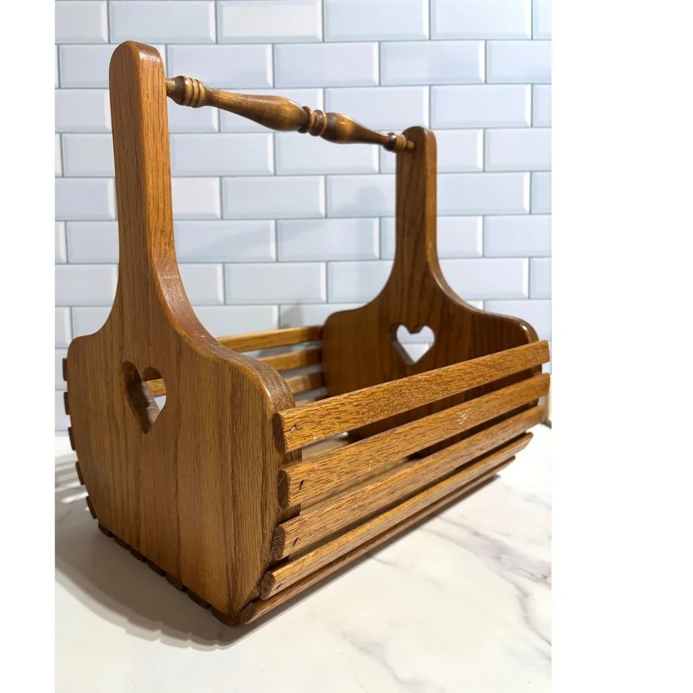 Vintage Oak Wood Slatted Basket Heart Cutouts Spindle Handle Farmhouse Cottage